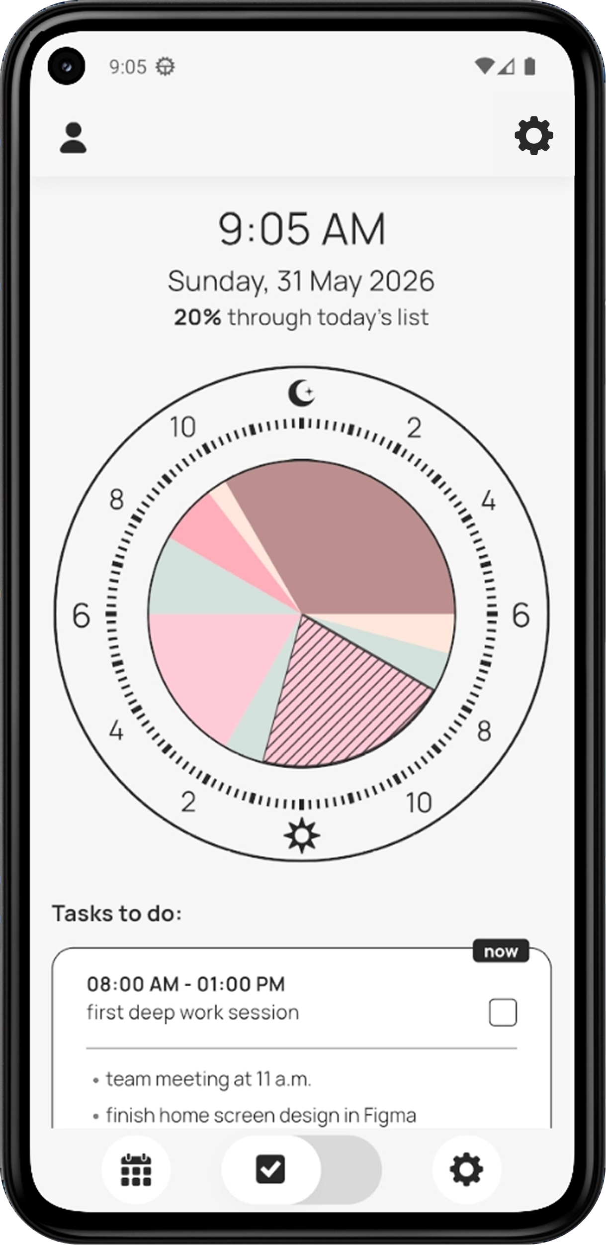 App interface displaying visual time blocks on a 24-hour circular dial
