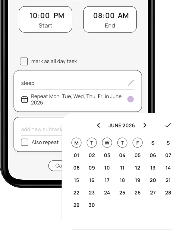 Systematico app interface for setting up repeating tasks on specific days of the week