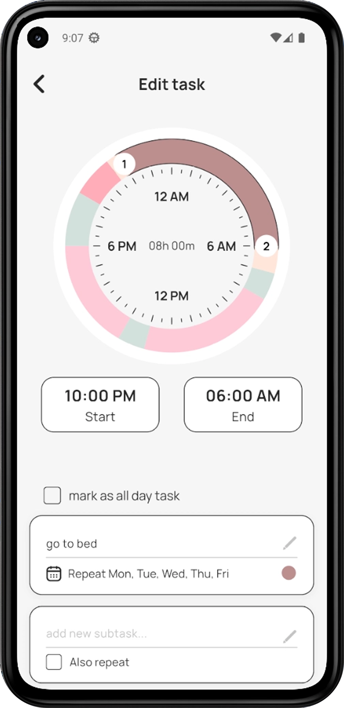 Systematico app screen editing a task on the circular 24-hour dial